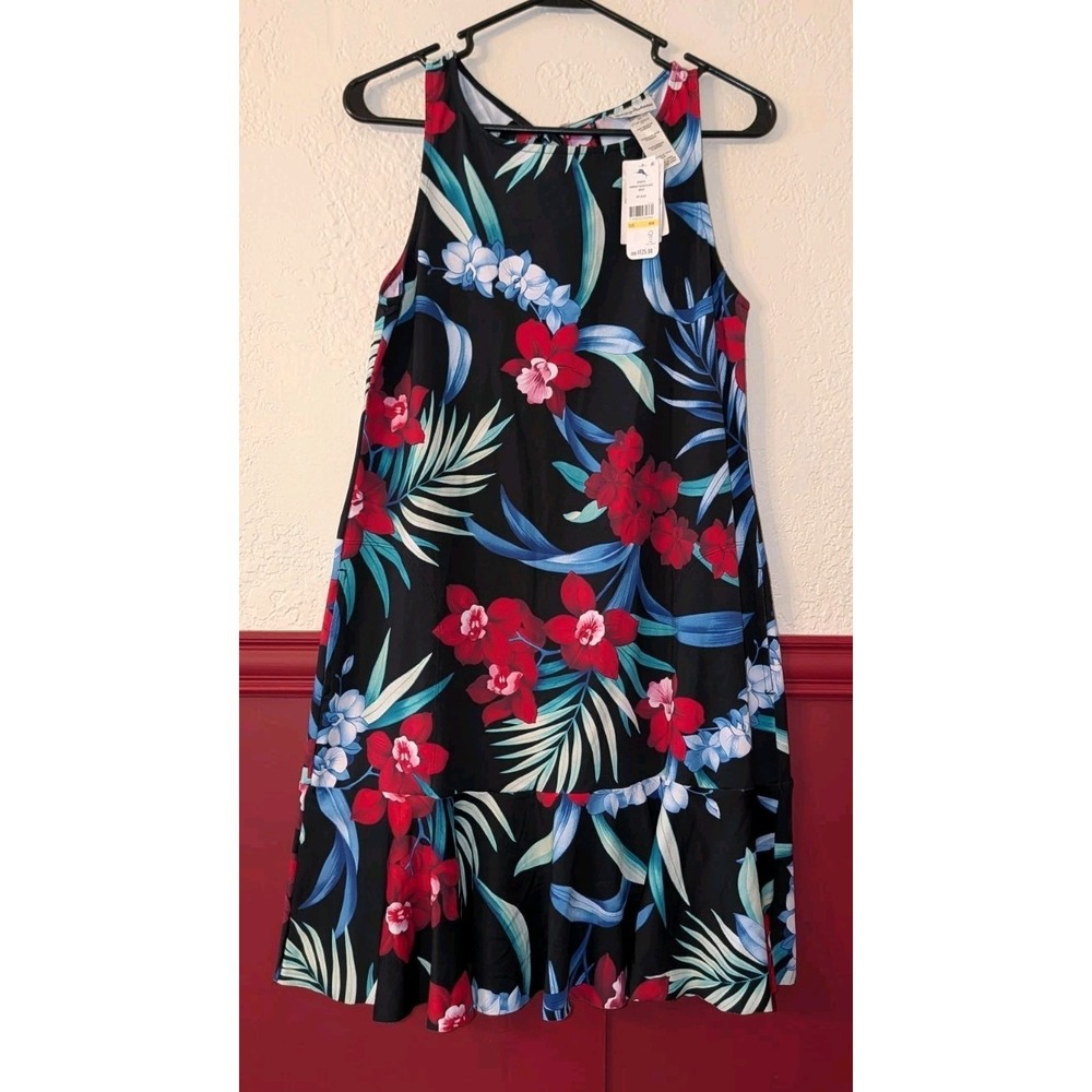 Tommy Bahama Midnight Orchid High-Neck Black Floral Swim Dress UPF50 M Medium